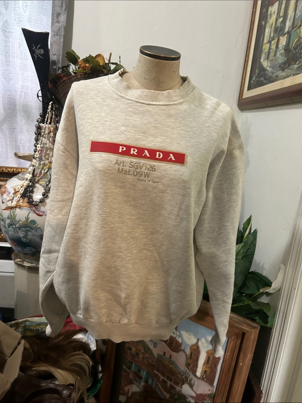Prada vintage cozy Cream Crewneck with Red Logo Panel